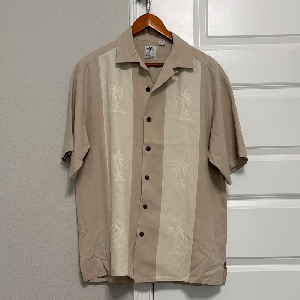 Beige Palm-Pattern Short-Sleeve Button-Down Camp Shirt